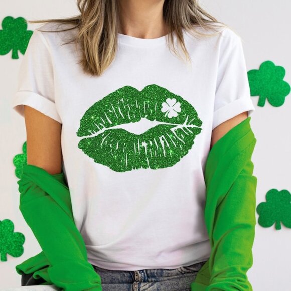 Tops - Lip Kiss Lucky Patrick's day shirt, Lips Shamrock Green Unisex Tee
